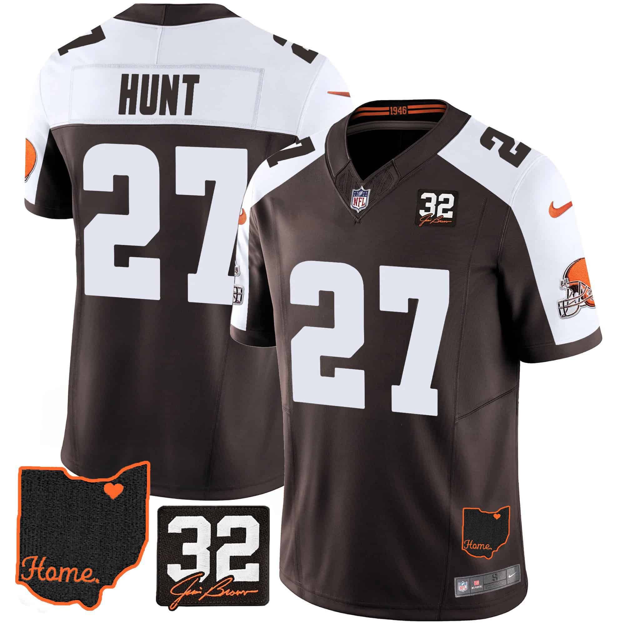 Men Cleveland Browns #27 Hunt Brown Memorial Home Patch 2024 Nike NFL Jersey